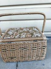 Load image into Gallery viewer, Vintage Wicker Sewing Basket with Floral Tapestry Cushion Lid &amp; Handle
