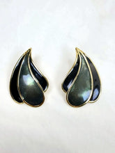 Load image into Gallery viewer, Vintage 1980s Gold Tone Black Enamel Flame Motif Leaf Stud Earrings USA
