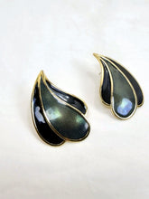 Load image into Gallery viewer, Vintage 1980s Gold Tone Black Enamel Flame Motif Leaf Stud Earrings USA
