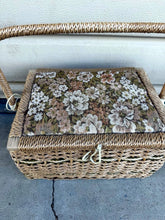 Load image into Gallery viewer, Vintage Wicker Sewing Basket with Floral Tapestry Cushion Lid &amp; Handle

