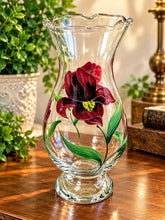 Load image into Gallery viewer, Vintage Gibson "Lianna" Hand-Painted Glass Vase Red Iris Flowers Medium Size
