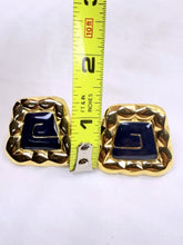 Load image into Gallery viewer, Vintage Monet Square Gold Tone Blue Enamel Signed Clip-On Earrings
