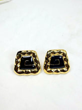 Load image into Gallery viewer, Vintage Monet Square Gold Tone Blue Enamel Signed Clip-On Earrings
