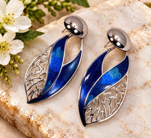 Load image into Gallery viewer, Vintage Edgar Berebi Blue Enamel Silver Tone Leaf Cut-Out Drop Earrings
