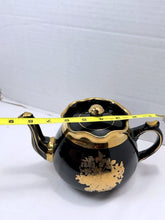 将图片加载到图库查看器，Vintage Arthur Wood England Black Ceramic Teapot 22kt Gold Gilt Floral
