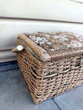 Load image into Gallery viewer, Vintage Wicker Sewing Basket with Floral Tapestry Cushion Lid &amp; Handle
