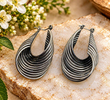 Load image into Gallery viewer, Antique Sterling Silver Twisted Multi-Line Hoop Pierced Earrings Marked STER
