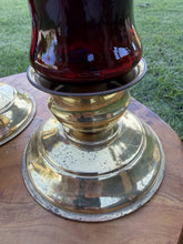 Load image into Gallery viewer, Vintage Brass Candlestick Holders Homco Ruby Red Glass Peg Votives Pair

