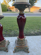 Load image into Gallery viewer, Vintage Burgundy Resin Ornate Taper Pillar Candle Holders Gold Trim Pair
