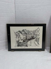 将图片加载到图库查看器，Vintage Maastricht Triptych Set of 3 B&amp;W Ink Sketches on Wood, Netherlands
