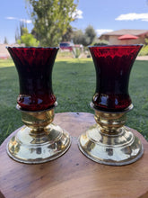 Load image into Gallery viewer, Vintage Brass Candlestick Holders Homco Ruby Red Glass Peg Votives Pair
