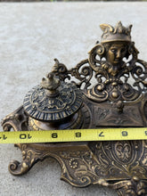 Load image into Gallery viewer, Vintage Ornate Brass Double Inkwell Stand India Writing Desk Pen Accessory
