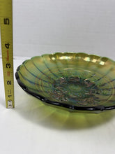 Load image into Gallery viewer, Vintage Green Carnival Glass Ruffled Serving Bowl Footed Iridescent
