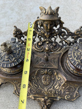 Load image into Gallery viewer, Vintage Ornate Brass Double Inkwell Stand India Writing Desk Pen Accessory
