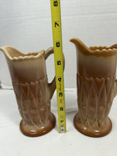 Cargar imagen en el visor de la galería, Antique Greentown Caramel Slag Glass Shuttle Pattern Creamer Pitcher Pair
