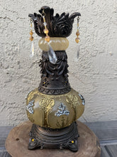 Load image into Gallery viewer, Victorian Style Ornate Gold Resin Candle Holder Hanging Crystal Prism Scrollwork
