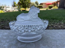 Load image into Gallery viewer, Antique Imperial Glass Satin Frosted Lion Covered Candy Dish Lattice Edge Bowl
