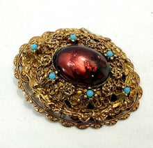 将图片加载到图库查看器，Vintage 1930s Czech Amethyst Glass &amp; Turquoise Gold Filigree Dome Brooch
