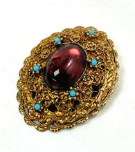 将图片加载到图库查看器，Vintage 1930s Czech Amethyst Glass &amp; Turquoise Gold Filigree Dome Brooch
