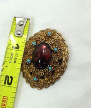 将图片加载到图库查看器，Vintage 1930s Czech Amethyst Glass &amp; Turquoise Gold Filigree Dome Brooch
