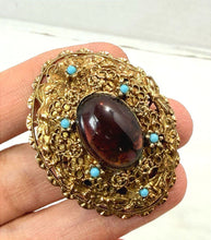 将图片加载到图库查看器，Vintage 1930s Czech Amethyst Glass &amp; Turquoise Gold Filigree Dome Brooch
