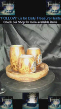 在图库查看器中加载和播放视频，Handcrafted Thai Elephant Tea Light Holder Set with Tray | Artisanal Mango Wood &amp; Pewter Candle Decor

