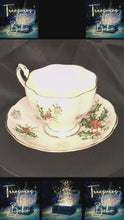 在图库查看器中加载和播放视频，Queen Anne “Yuletide” Fine Bone China Teacup &amp; Saucer – England, 1950s Holiday Holly &amp; Bells Pattern
