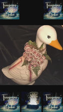 Load and play video in Gallery viewer, Large Ceramic Goose Sculpture – 18″ Tall White Crackle-Glaze Waterfowl with Ribbon Décor

