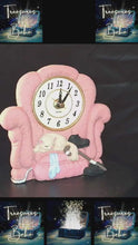 Load and play video in Gallery viewer, Vintage Novelty Cat Clock – Pink Armchair Quartz Timepiece with Cat, Shoes &amp; Blanket Figurine
