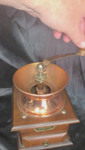 Load and play video in Gallery viewer, Vintage Hand Crank Coffee Grinder Copper Hopper Wood Box Mill
