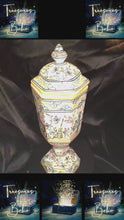 在图库查看器中加载和播放视频，Hand-Painted Portuguese Faience Apothecary Jar for Nora Fenton — Signed “Dina” — Hexagonal Lidded Urn (14”)
