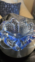 Load image into Gallery viewer, Vintage Italian Bullicante Art Glass Bowl – Mid-Century Modern, Ruffled Blue &amp; Clear Murano-Style Design
