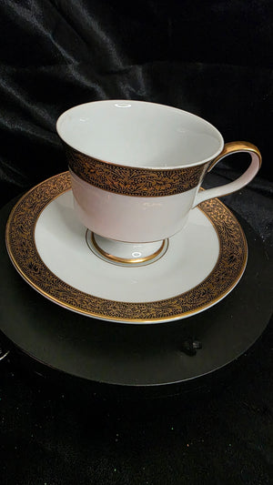 Vintage Sango Hampton 3758 Porcelain Cup and Saucer - Elegant Gold and Black Floral Trim
