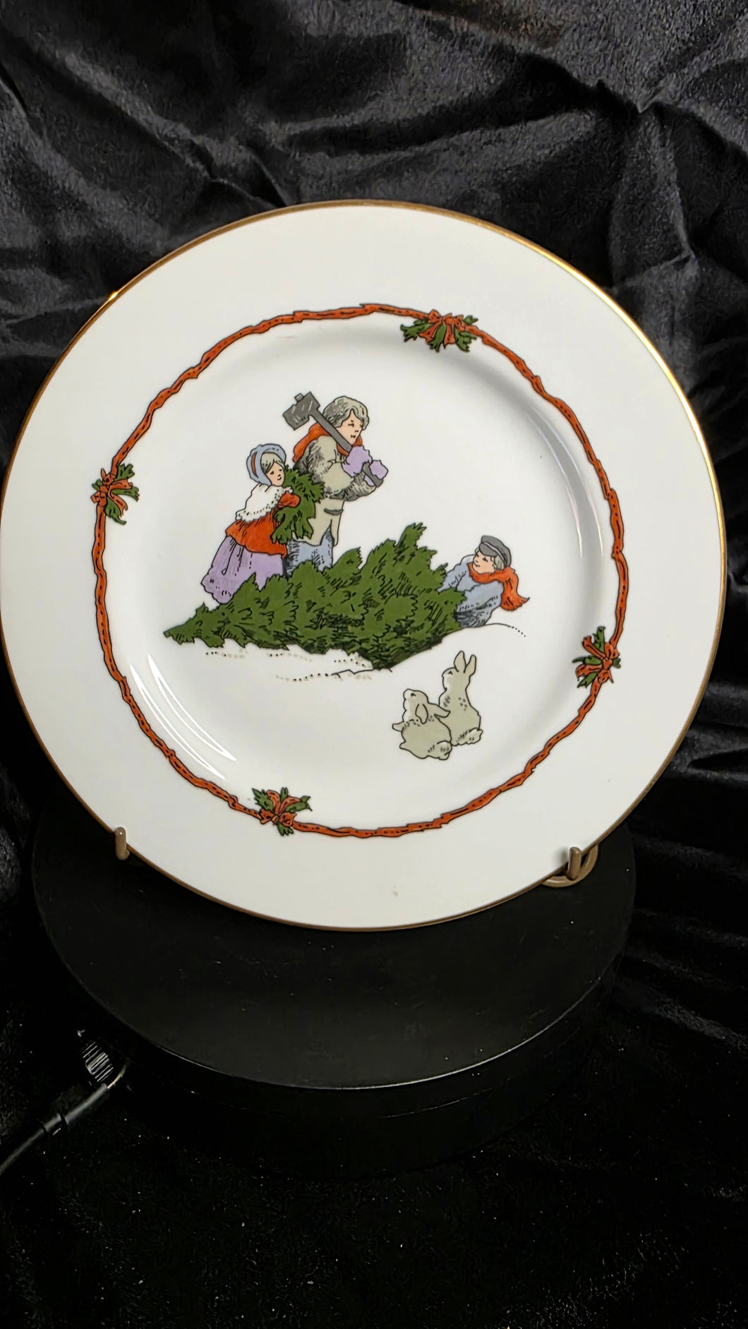Fitz & Floyd “Deck the Halls” — Set of 2 Salad Plates, Tree Hunt & Winter Rabbits (c. 1982, Japan)
