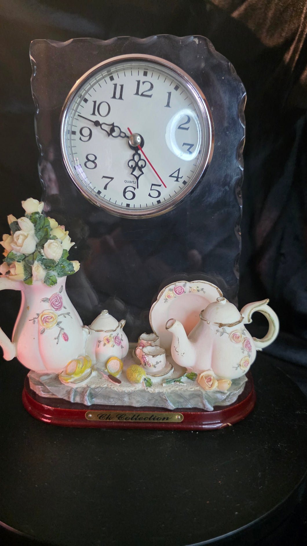 CK Collection Glass-Back Tea Service Quartz Clock — Hand-Painted Roses & Lemons Still Life