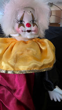 Load image into Gallery viewer, Vintage Porcelain Clown Doll – Red &amp; Gold Satin Ensemble with White Hair and Display Stand
