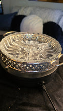 Load image into Gallery viewer, Mid-Century Modern Divided Relish Dish &amp; Silver Carrier | Vintage Glass Serving Tray | MCM Textured Appetizer Nut Candy Condiment Bowl
