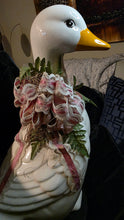 Load image into Gallery viewer, Large Ceramic Goose Sculpture – 18″ Tall White Crackle-Glaze Waterfowl with Ribbon Décor
