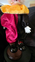 Load image into Gallery viewer, Vintage Porcelain Clown Doll – Red &amp; Gold Satin Ensemble with White Hair and Display Stand
