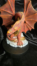 Load image into Gallery viewer, Vintage Red Dragon Resin Figurine with Gold Accents - Mythical Guardian on Rock Base

