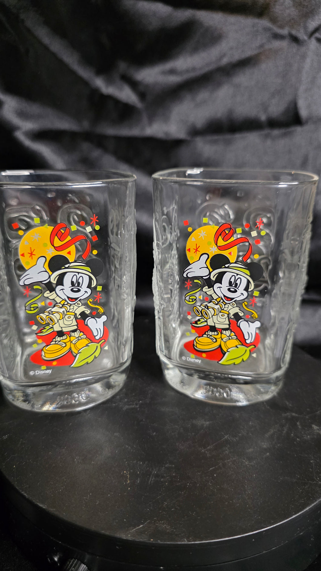 Disney 2000 Millennium Celebration – Animal Kingdom Safari Collector Glass Pair – Mickey Mouse Jungle Expedition Barware
