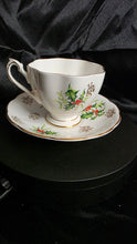 将图片加载到图库查看器，Queen Anne “Yuletide” Fine Bone China Teacup &amp; Saucer – England, 1950s Holiday Holly &amp; Bells Pattern
