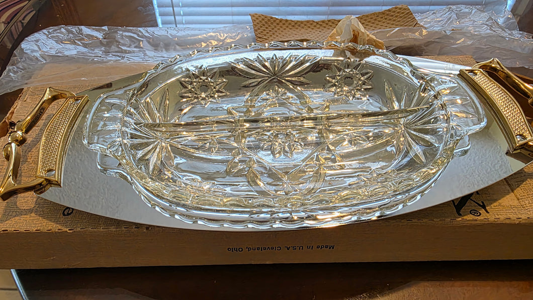 Vintage Kromex Relish Server – Mid-Century Chrome & Gold Holiday Giftware (NOS in Box)
