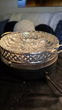Load image into Gallery viewer, Mid-Century Modern Divided Relish Dish &amp; Silver Carrier | Vintage Glass Serving Tray | MCM Textured Appetizer Nut Candy Condiment Bowl
