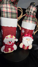 将图片加载到图库查看器，Christmas Wine Bottle Gift Bag Set – Santa &amp; Snowman Plaid Drawstring Holders | Festive Holiday Bottle Covers (Set of 2)
