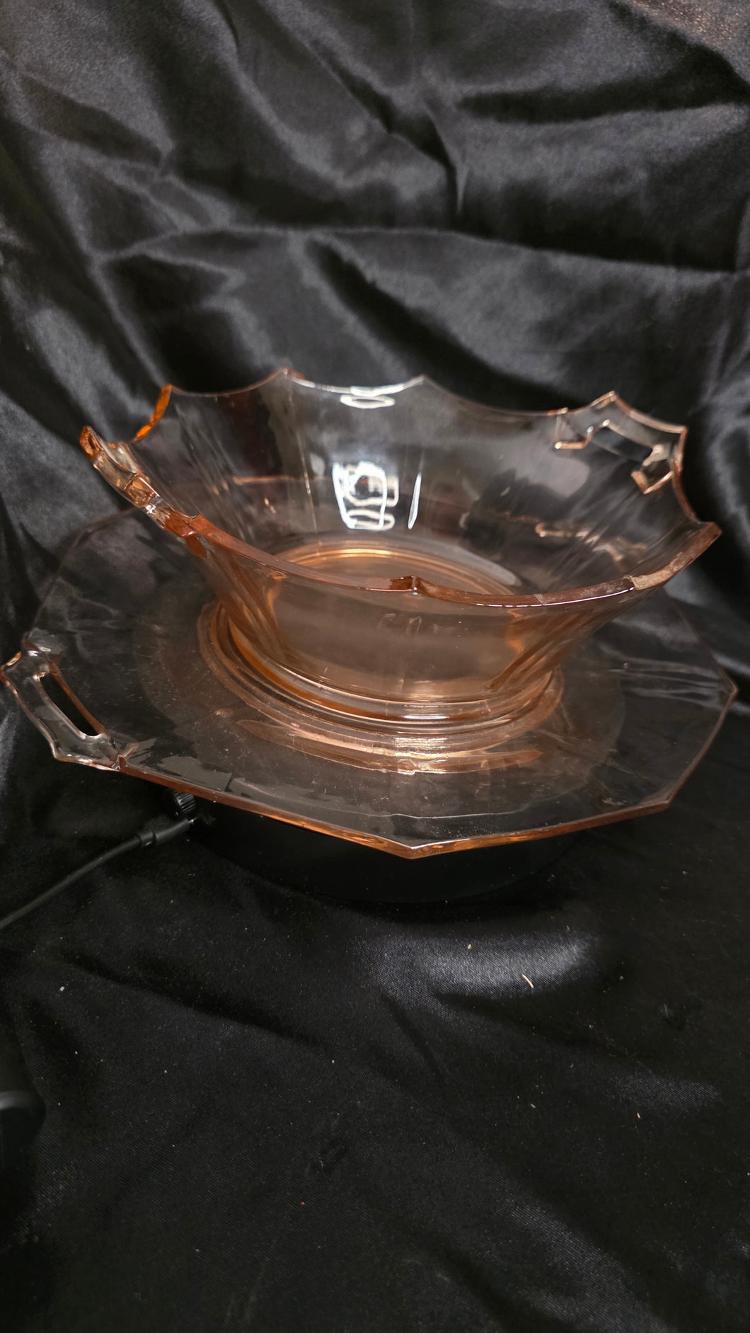 Vintage Pink Depression Glass Serving Bowl & Underplate – Octagonal handled set (Imperial Glass Style, 1930s)