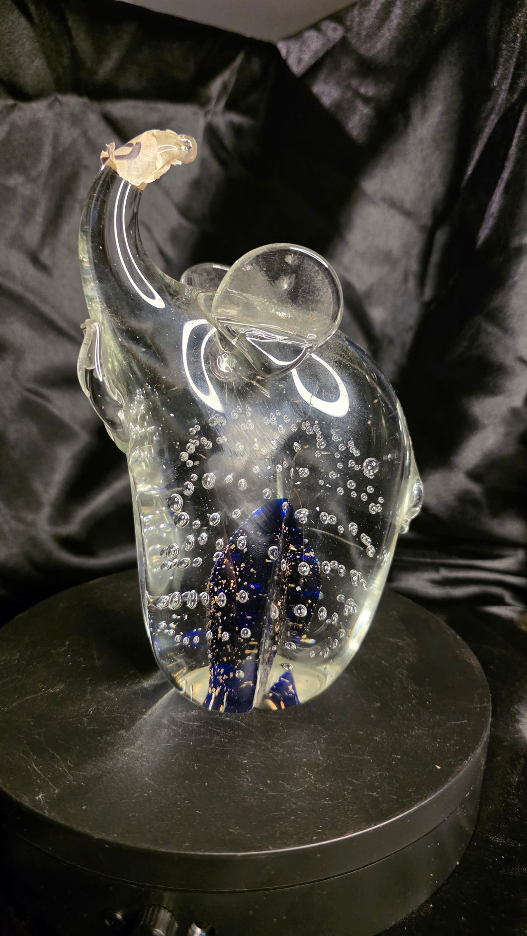 Vintage Italian Murano Art Glass Elephant Paperweight with Bullicante Bubbles - Trunk Up Figurine