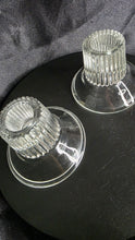 将图片加载到图库查看器，Vintage Reversible Ribbed Glass Candle Holders – Set of 2 | Mid-Century Clear Pressed Glass Dual-Use Taper &amp; Tealight Holders
