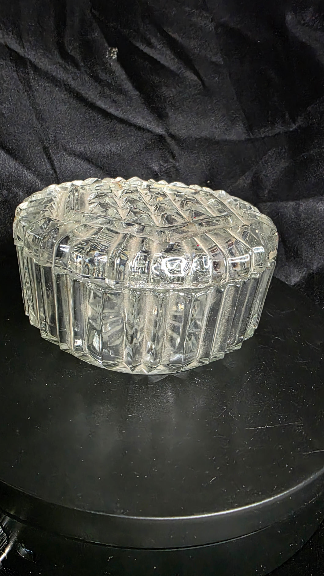 Vintage Ribbed Glass Trinket Box with Lid | Art Deco Style Pressed Glass Candy Dish or Vanity Jar