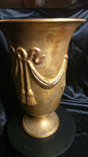 Load image into Gallery viewer, Vintage Italian Gold Urn Vase - 1953 Embossed Drapery and Tassel Design
